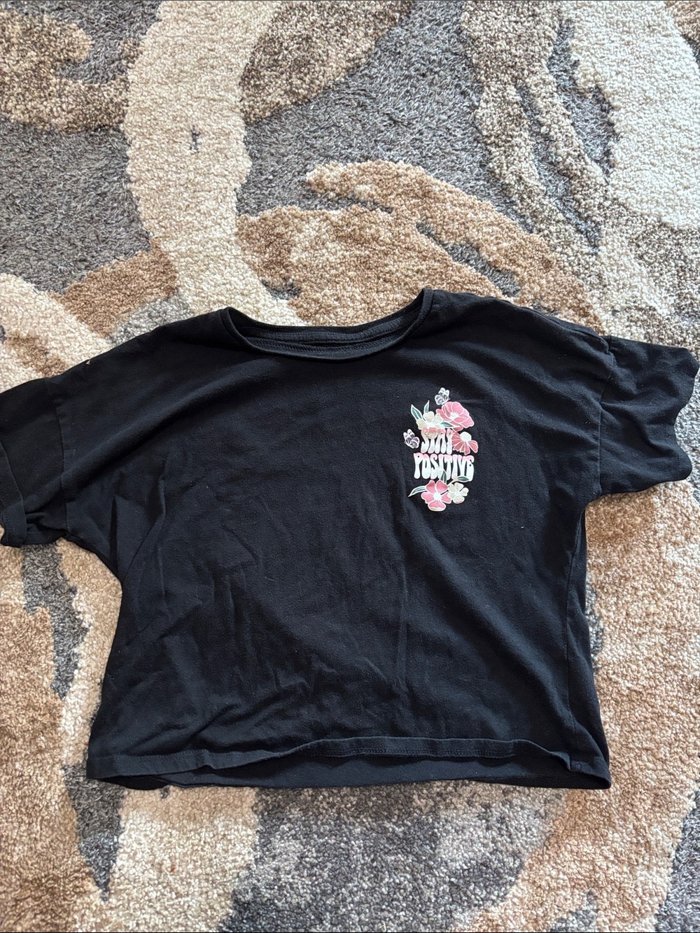 wonder nation Black Tee with Pink Floral "Stay Positive" Graphic